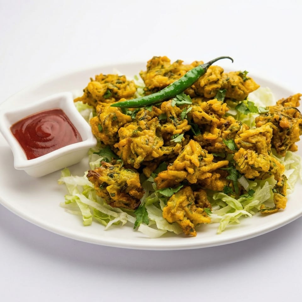 Golden Indian pakoras, garnished with a green chili and cilantro, served with ketchup on a white plate.
